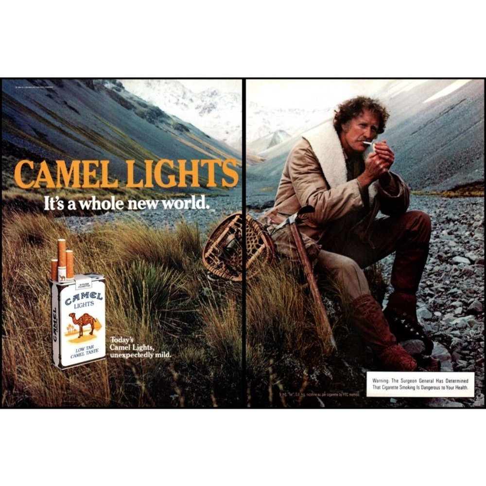 1984 Camel Lights 2 Page Vintage Print Ad Mountain Climbing Snowshoes Wall Art